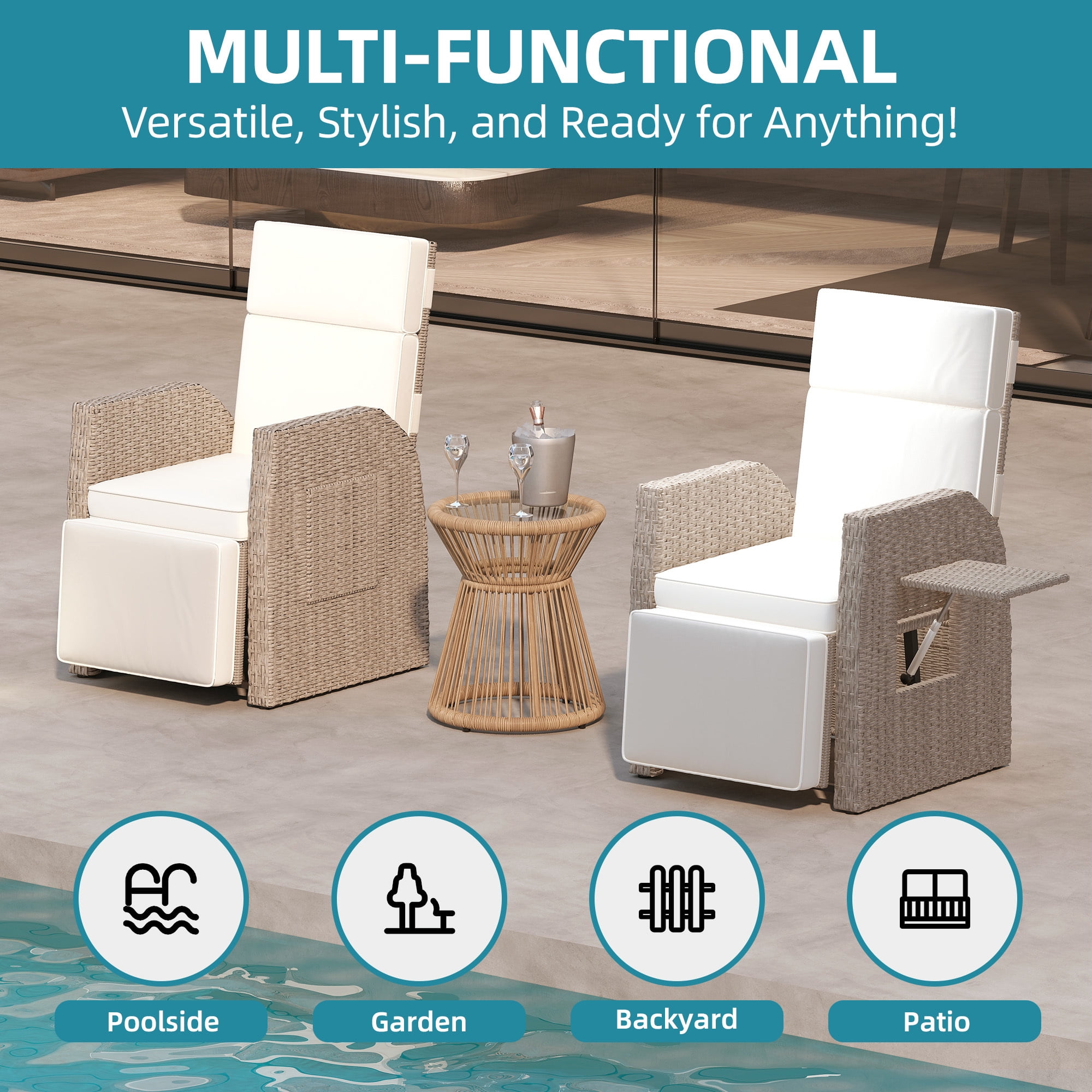 Uforic Beige Adjustable Outdoor Lounge Chair, Wicker Patio Recliner with Adjustable Angles, Side Flip Table and Thick Soft Cushion, Perfect for Deck, Backyard, Poolside and Outdoor Relaxation