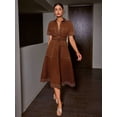 thumbnail image 3 of Brown Womens Shirt Dress With Collar, Front Button, Patch Pockets, Belted Waist, Short Sleeve, A-Line Midi, 3 of 4