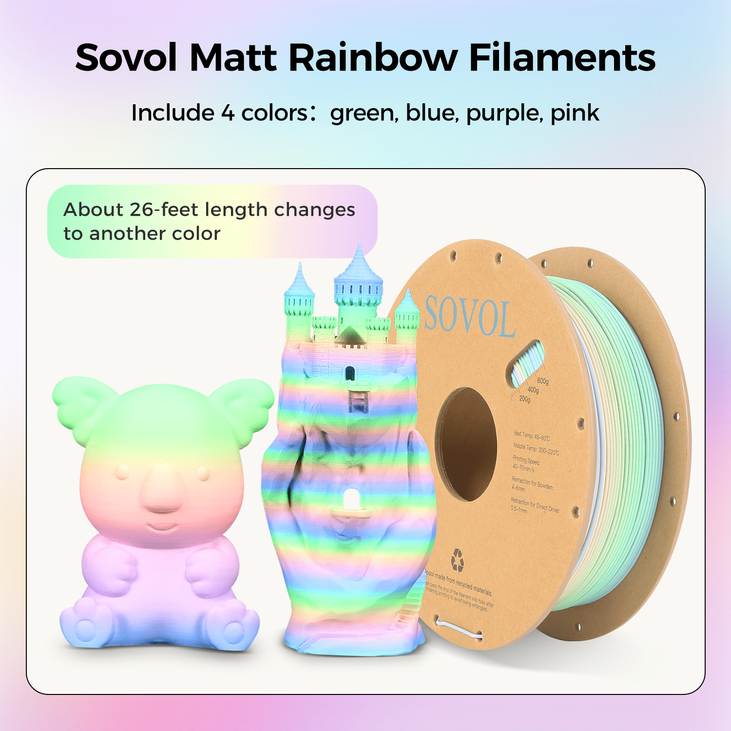 Sovol 3D Printer Matte Multicolored Fast Change Rainbow PLA 1kg (2.2 lbs) Spool 3D Printing Materials, Dimensional Accuracy +/- 0.03 mm, 1.75 mm, Matte Macaron Rainbow