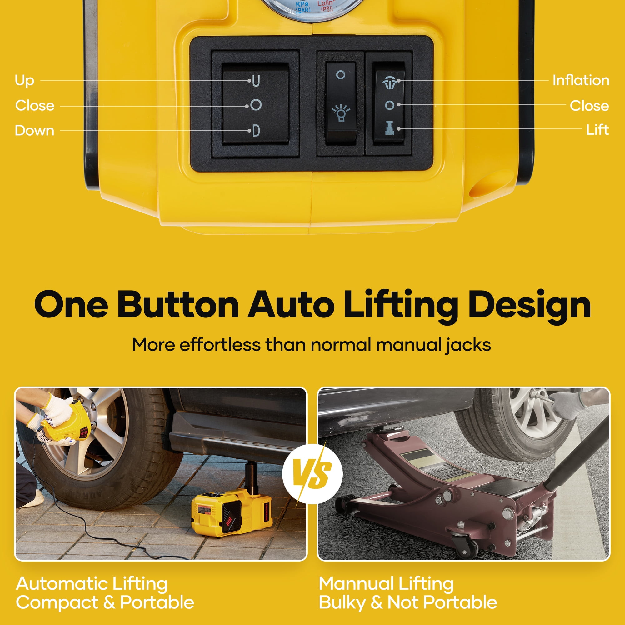Naipo Electric Car Jack Kit, 5 Ton 12V Portable Battery CarJack Lifting with Electric Wrench/Built-in Tire Inflator Pump/LED Light for SUV/Sedans Yellow
