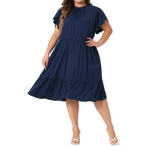 GRACE & GRANDEUR Vestidos de manga corta con cuello simulado y lazo en la espalda para mujer de tallas grandes, dobladillo con volantes, corte A, en capas, estilo swing, 4X azul marino