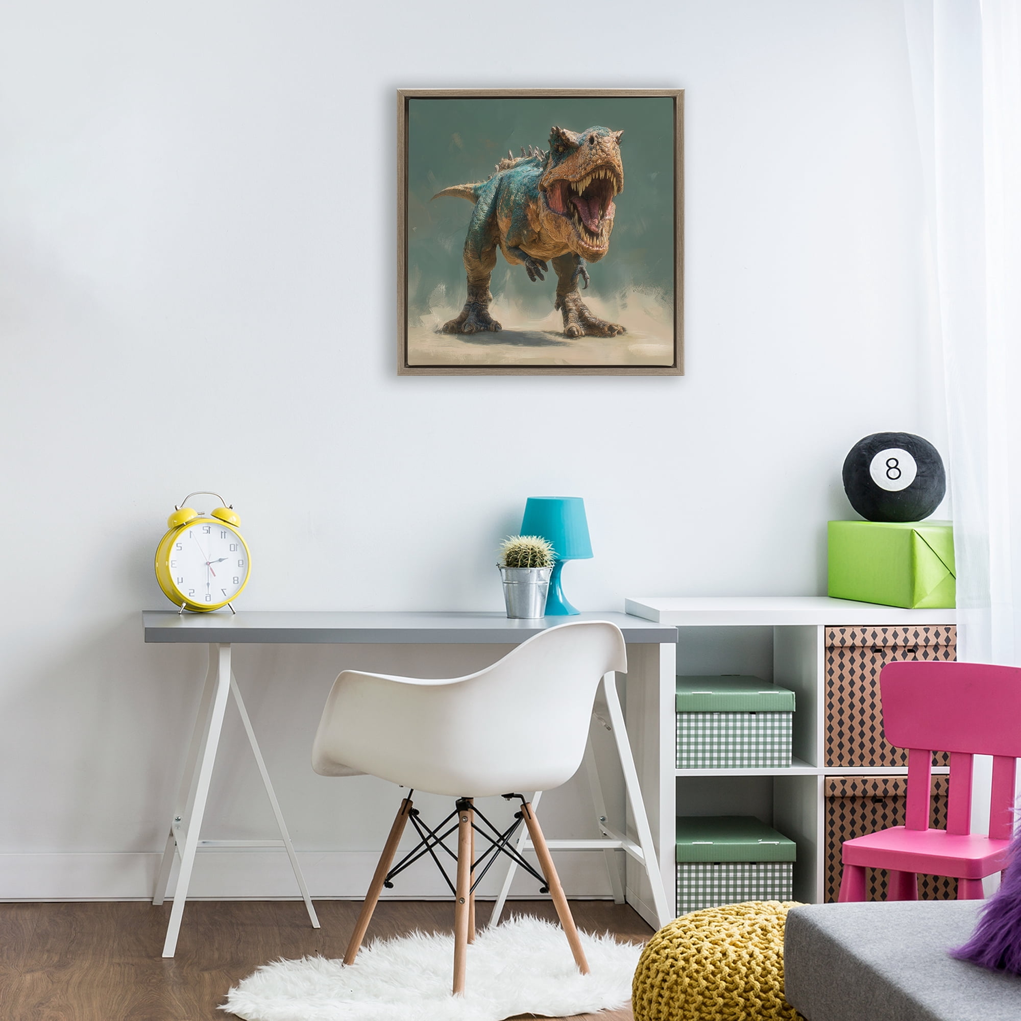 Stupell Industries Roaring T-Rex in Green Brown Framed Floater Canvas Wall Art, design by Wumples