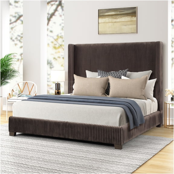 JERFIT King Size Dark Brown Upholstered Platform Bed with Pleated Design, No Box Spring Needed, Sturdy Bed Frame for Modern Bedroom