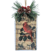 Holiday Time Oversize Rectangle Red Bird Metal Ornament. Material: Iron. Handwash Rim. Hang with a Hemp Loop. Vintage Look.