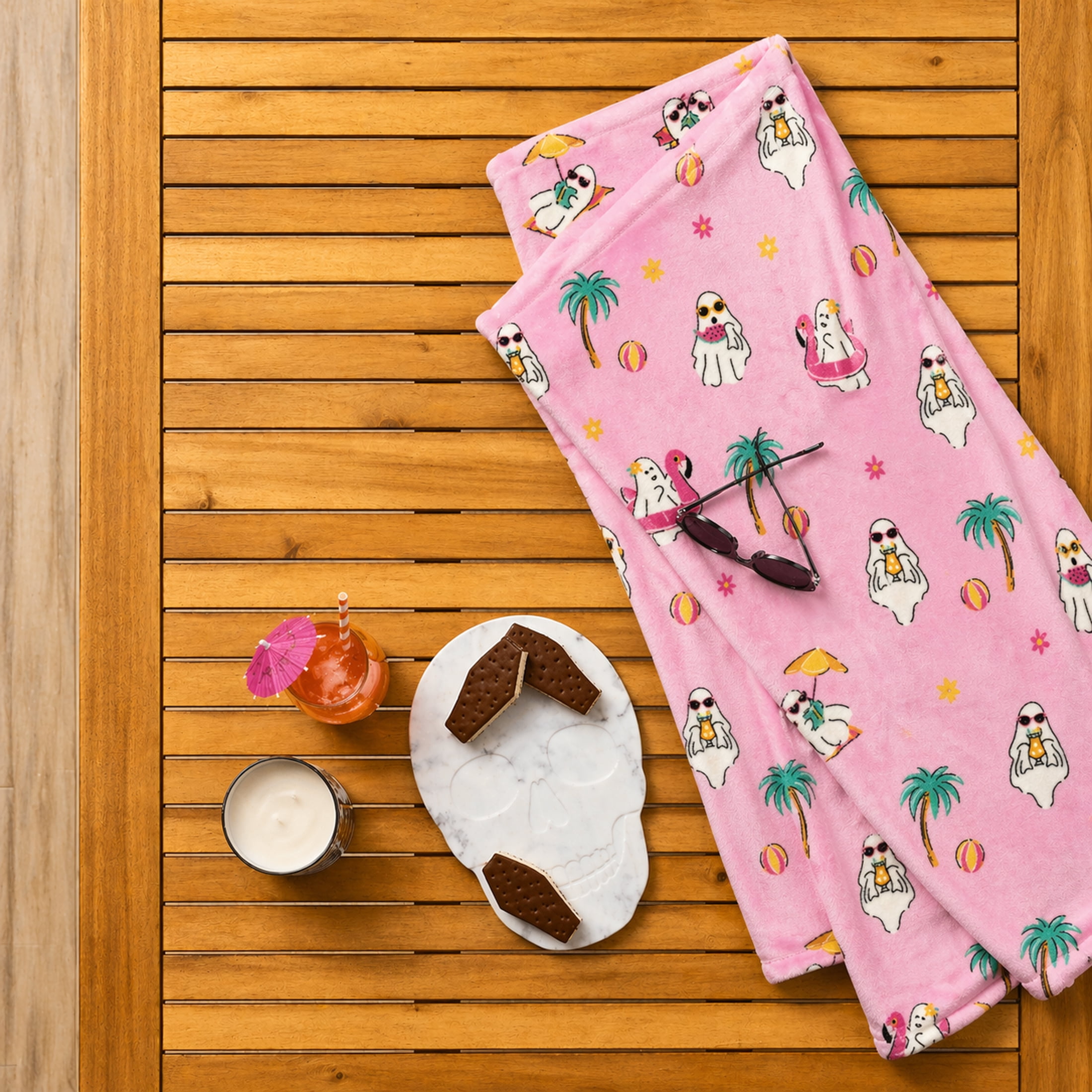 Summerween Oversize Super Soft Plush Throw Blankets, Summer Patio Pool Halloween Throws, VACATION GHOSTS
