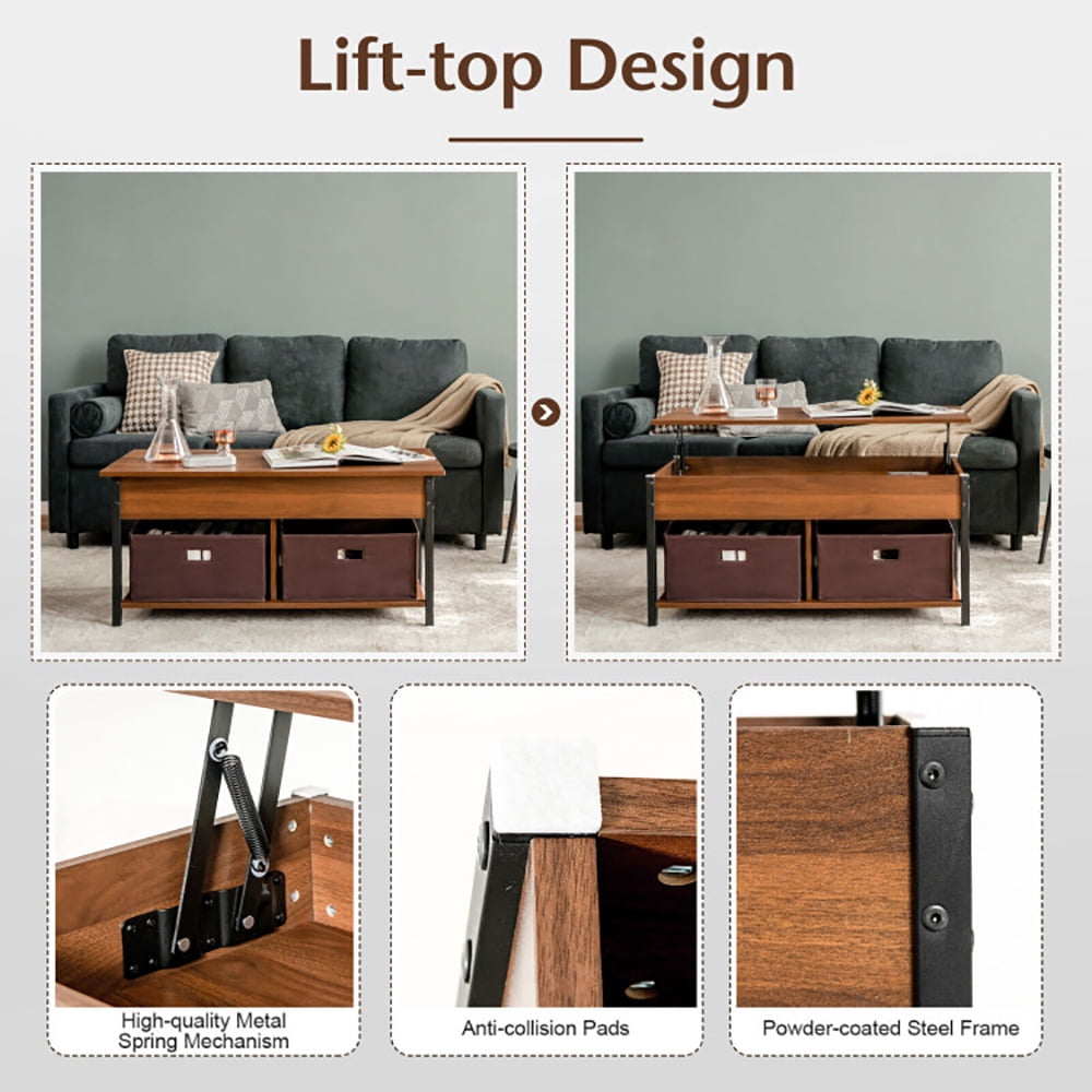 Finihen Rectangular Coffee Table, Lift Top Coffee Table, Central Table with Drawers and Hidden Compartment, for Living Room, Reception Room, Brown