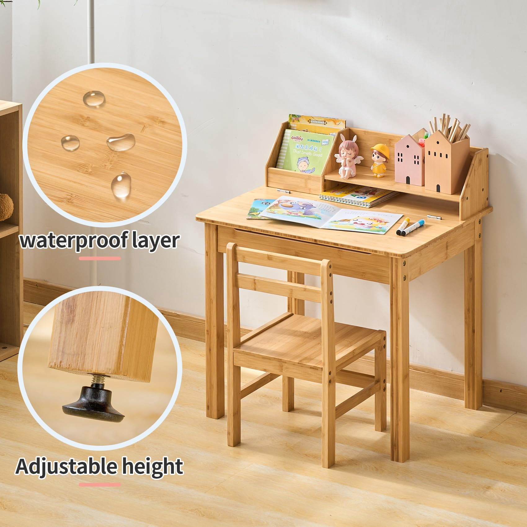 UNICOO® Bamboo Kids Desk and Chair Set, Lift-Top Desk & Chair Set for 3-8 Years Old, Children Writing Desk with Storage and Hutch for Home School Use (C007 - Nature)