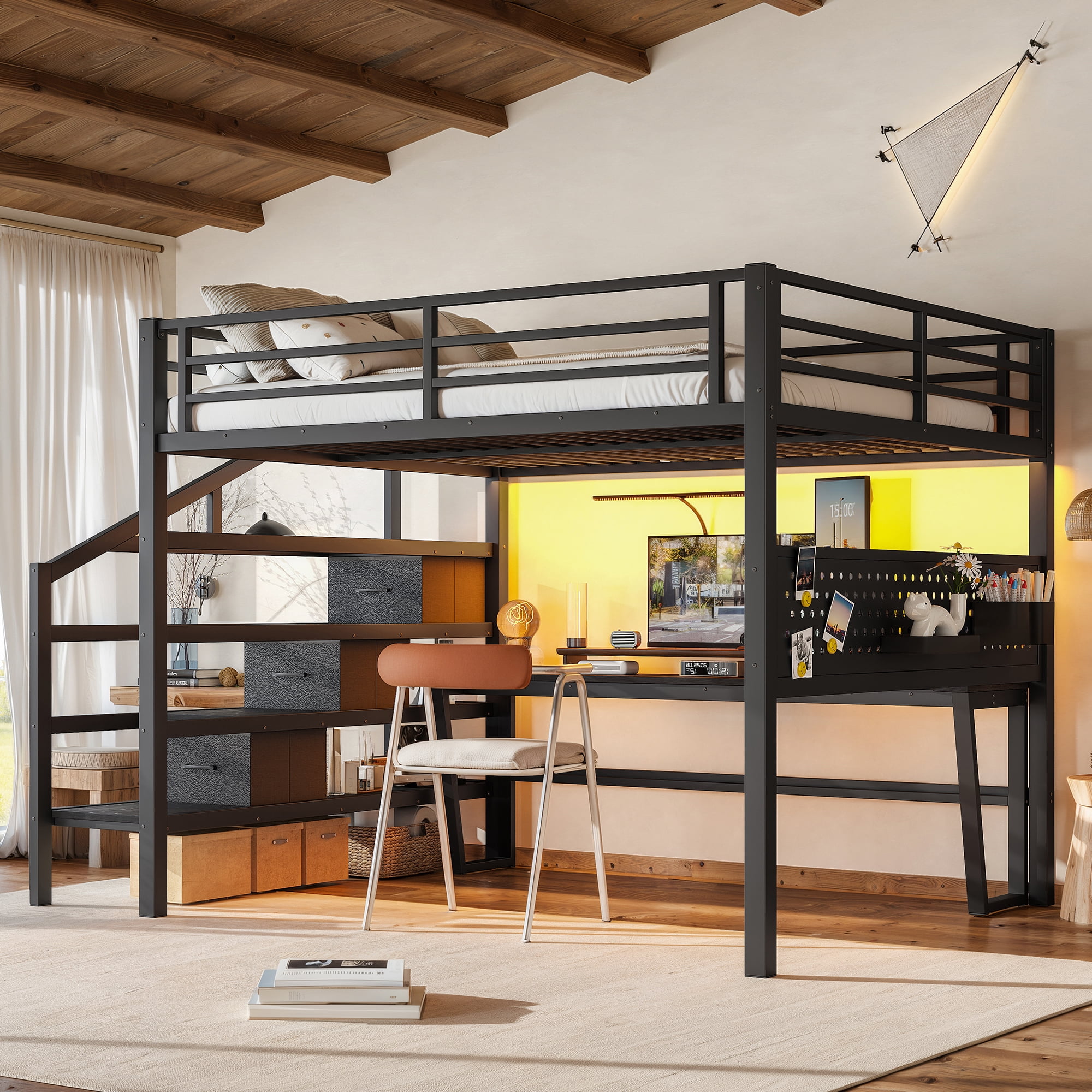 Leumius Queen Size Loft Bed with Storage Stairs and Movable Desk with USB,Metal Loft Bed Frame with 3 Fabric Drawers and LED, Full-Length Guardrail and Pegboard,Black