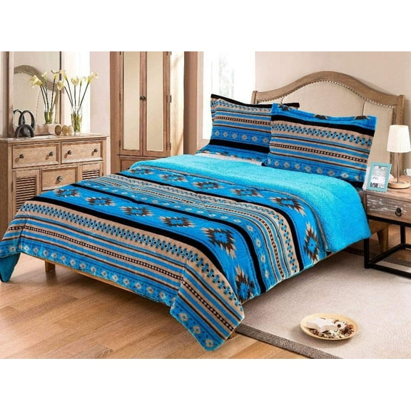 Linen Mart Southwest Aztec Sherpa Borrego Fleece Blanket - 3 Piece Set (Turquoise)(Queen)
