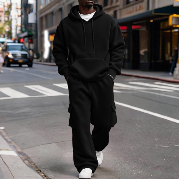 UDAUDU Mens Track Suits 2 Pieces Set Hoodies Sweatpants Athletic Casual Hoodie Sets Fall Winter Tracksuits with Pocket Black M
