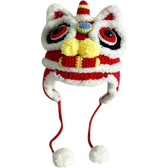 Tradition Hat with Pom Embroidered Headdress Chinese Style Crochet Autumn and Winter Handmade Warm New Year Hat