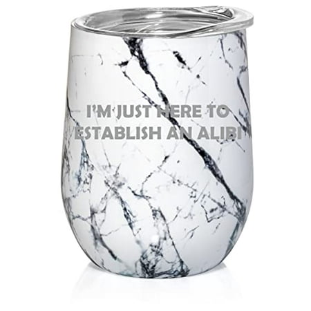 

12 oz Double Wall Vacuum Insulated Stainless Steel Stemless Wine Tumbler Glass Coffee Travel Mug With Lid I m Just Here To Establish An Alibi True Crime Funny (Black White Marble)