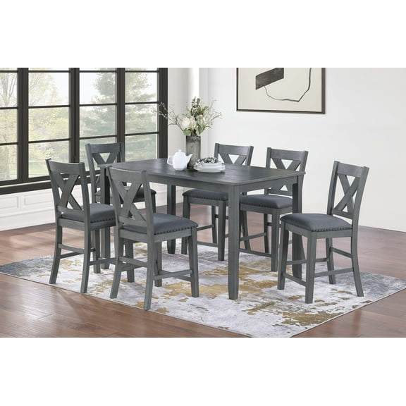 Gray Finish 7pc Counter Height Dining Set Dining Table 6 High Chairs X Cross Back Chairs Cushion Seats Nail Head Trims Dining Room Furniture