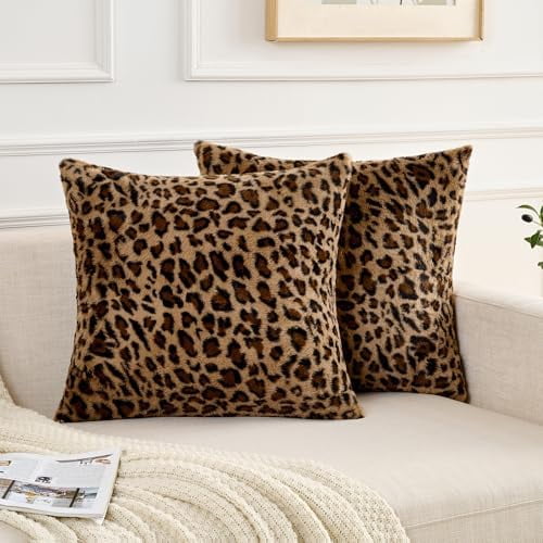 Cheetah Pillow Covers 18x18 Faux Fur Throw Pillow Covers Set of 2 Leopard Couch Pillow Covers Fluffy Soft Decorative for Home Living Room Bedroom