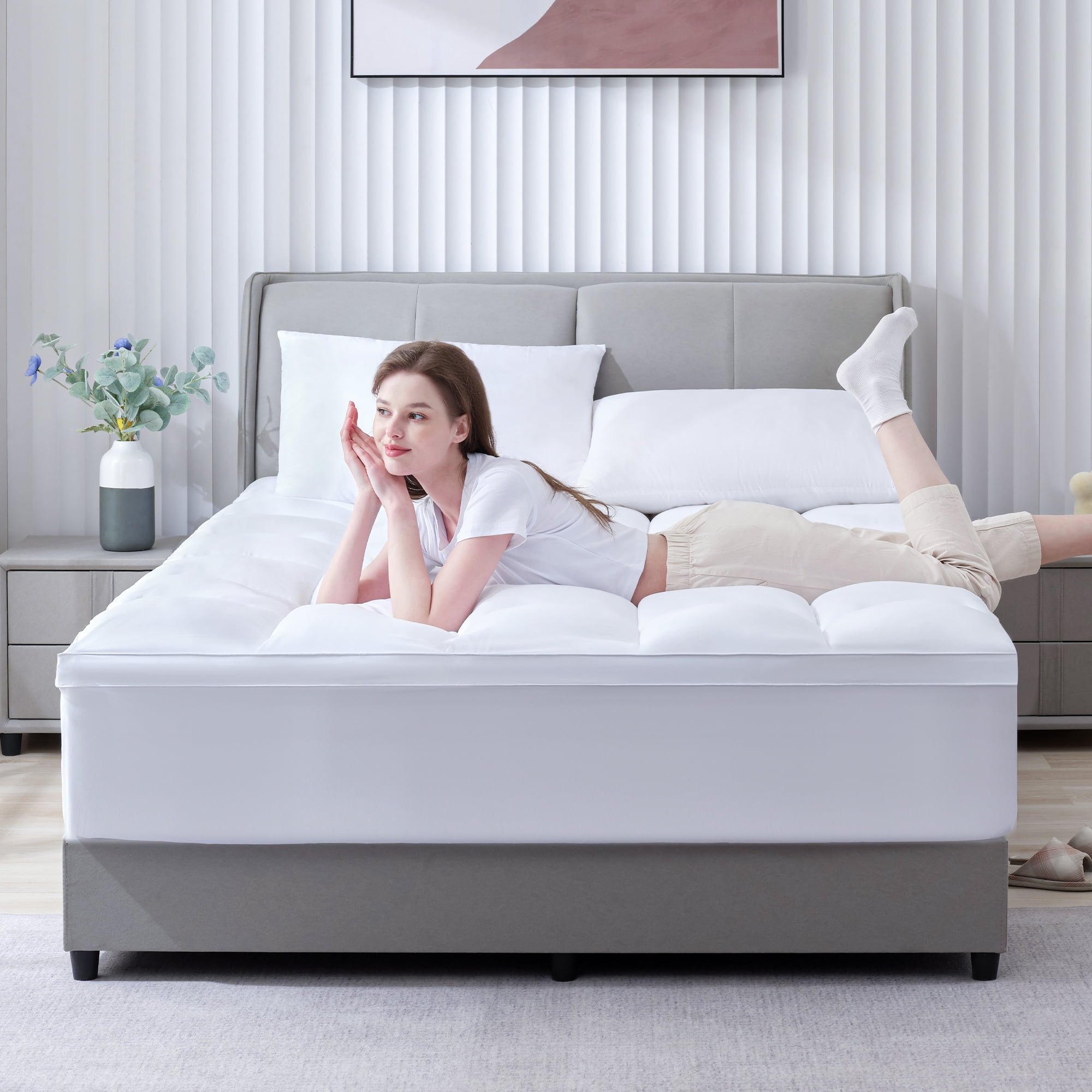 BDEUS Full Size Extra Thick Mattress Topper, Cooling Mattress Pad Cover, Pillow Top Protector with 8-21 inch Deep Pocket, White