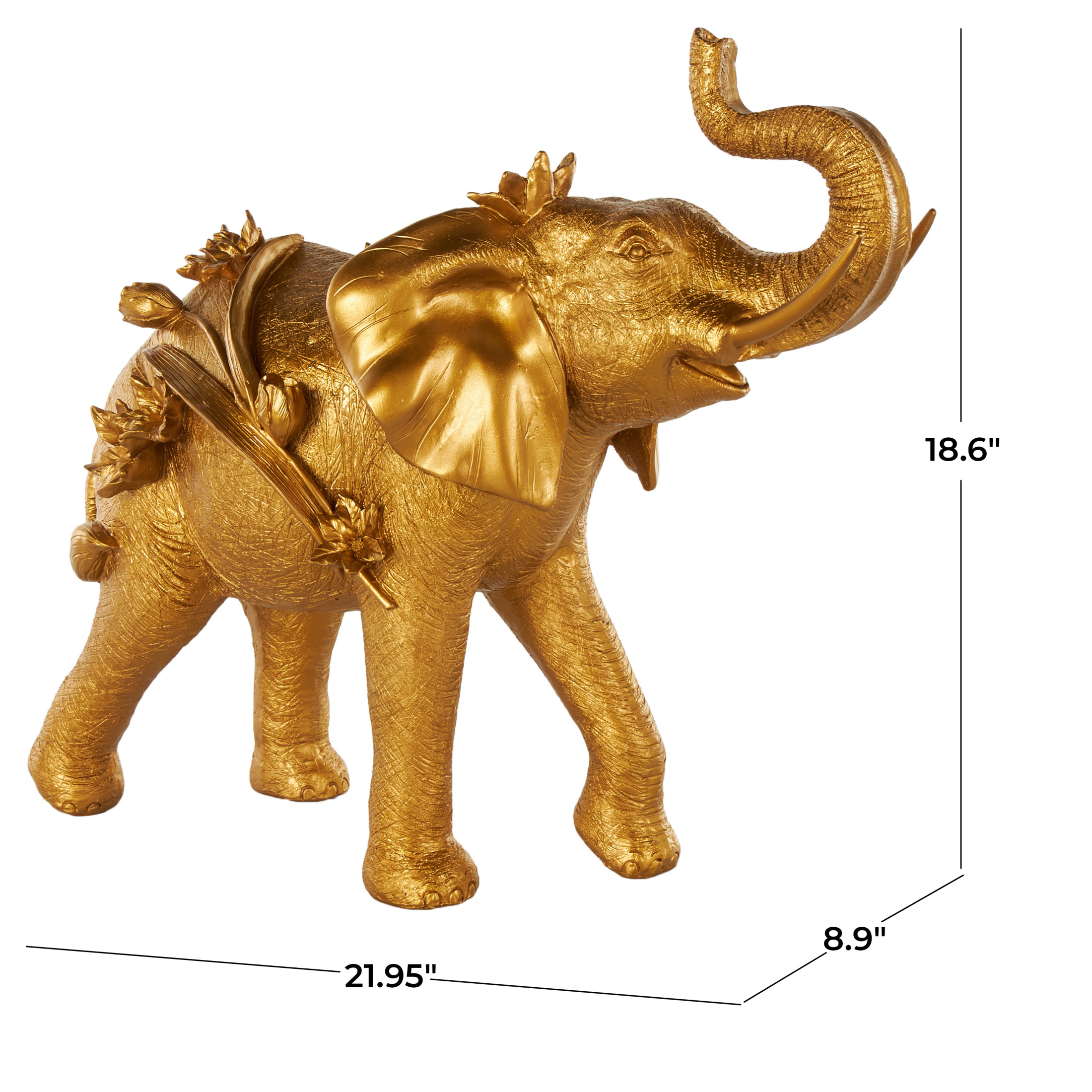 22" x 19" Gold Resin Walking Elephant Sculpture with Floral Accents, by DecMode