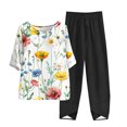thumbnail image 2 of Nrmvnmi Women's Summer 2 Piece Outfits Casual Floral Prints Short Sleeve Pajama Tops Wide Leg Pants Lounge Sets Tracksuits Mothers Day Gifts, 2 of 5