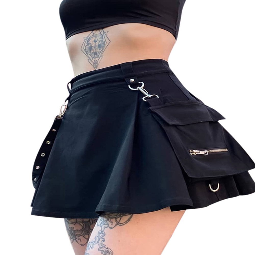 Women Punk High Waist Mini Black Skirts Streetwear Chain with Belt