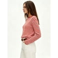 thumbnail image 4 of Women's Boat Neck Striped Open Knit Relaxed Fit Pullover Sweater Red S, 4 of 9