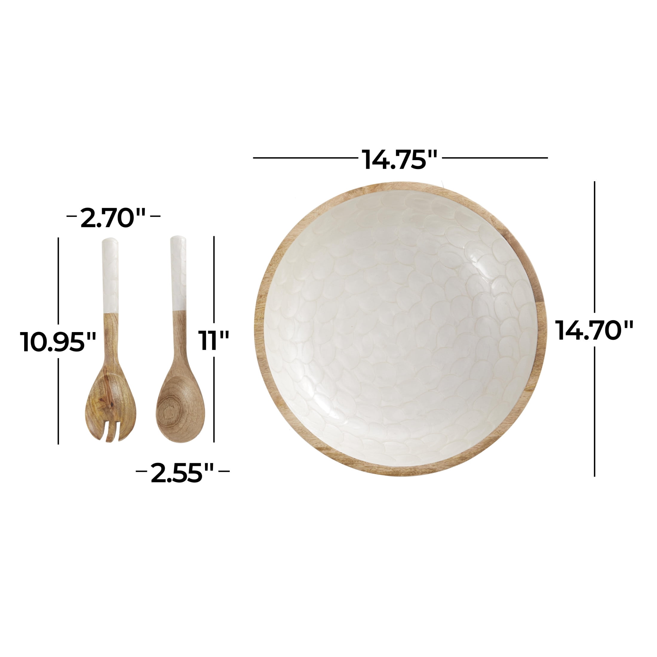DecMode 15", 11", 11"W Handmade Round Utensils Cream Mango Wood Decorative Bowl with White Interior, Set of 3