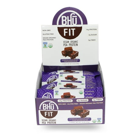 BHU Foods Fit Bar Vegan Organic Pea Protein, Chocolate + Brownie Batter, 12