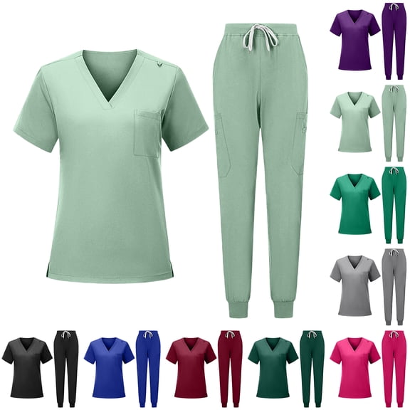 Minjewel Women's Round Neck Short Sleeve Scrubs for Women Set with Pockets, Lightweight & Professional Uniform for Nurses & Caregivers,Black L