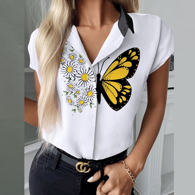 RXIRUCGD T-Shirts Col en V pour Femmes Mode Femmes Imprimé Manches Courtes Chemise Décontractée Col à Revers Blouse Boutonnée Hauts d'Été pour Femmes Blanc