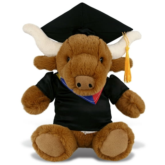 DolliBu Texas Longhorn Graduation Plush Toy - Super Soft Plush Graduation Stuffed Animal Dress Up with Gown and Cap with Tassel Outfit - Congratulatory Graduation Gift - 9 Inches