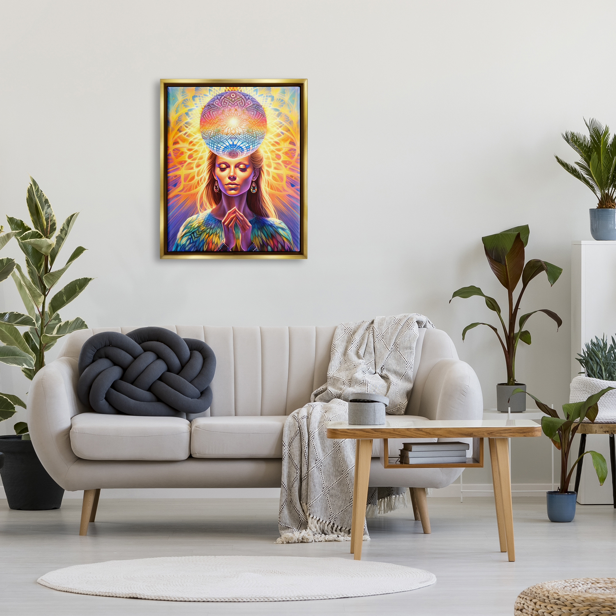 Stupell Industries Chakra Woman Fractals Abstract Painting Gold Floater Framed Canvas Art Print Wall Art, 25 x 31