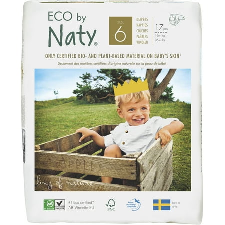 Eco by Naty Premium Disposable Diapers for Sensitive Skin, Size 6, 6 packs of 17 (102 Diapers) (Chlorine and perfume