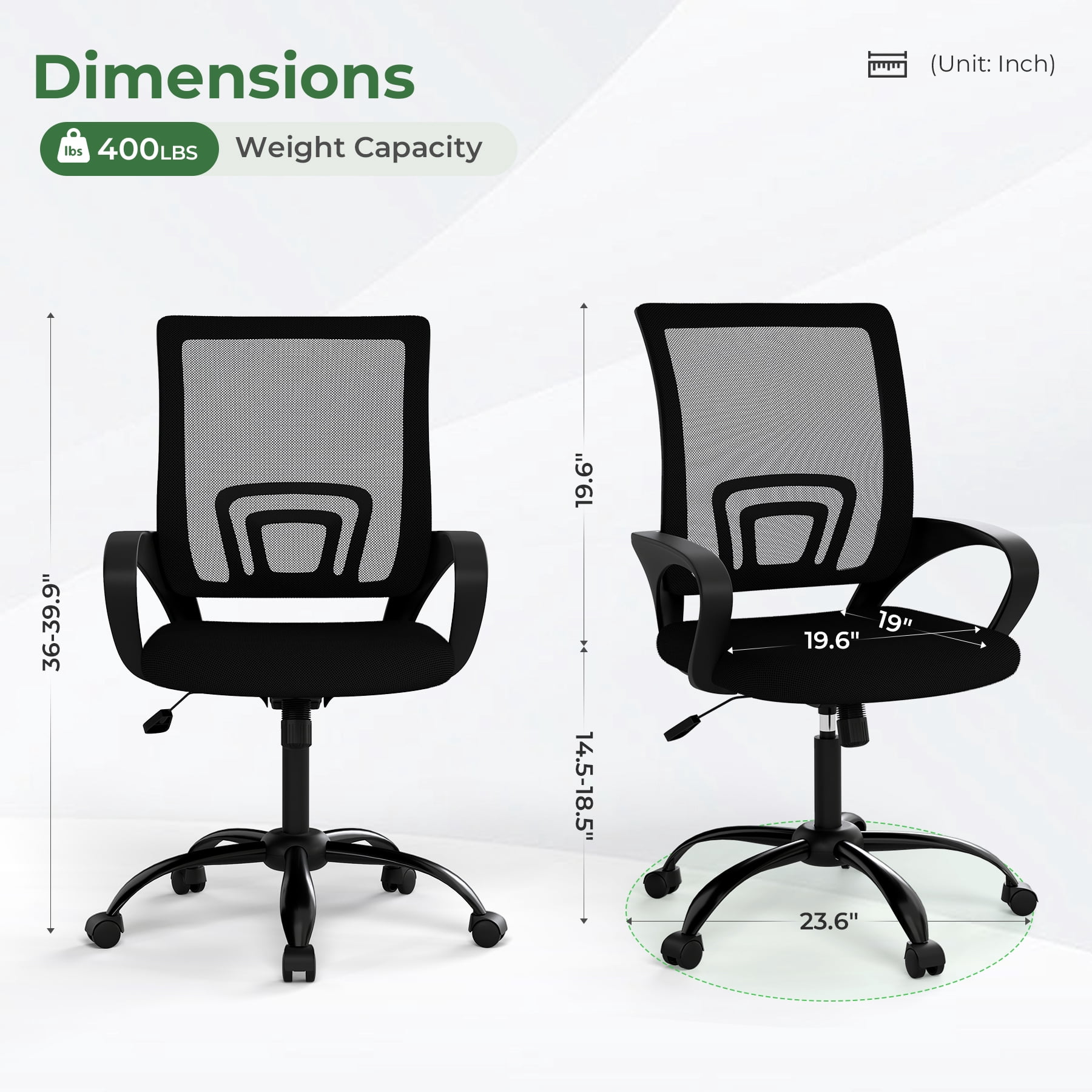 Bonzy Home Ergonomic Home Office Chairs Set of 4 with Adjustable Height and Lumbar Support, 360° Swivel Mesh Computer Desk Chair with Wheels & Armrests, Black