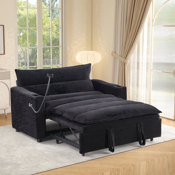 Ebello 3-in-1 Convertible Corduroy Sleeper Sofa Bed with Phone Holders & USB Ports, Pull Out Bed, Adjustable Backrest, Easy Assembly, 2-Seat(Black)