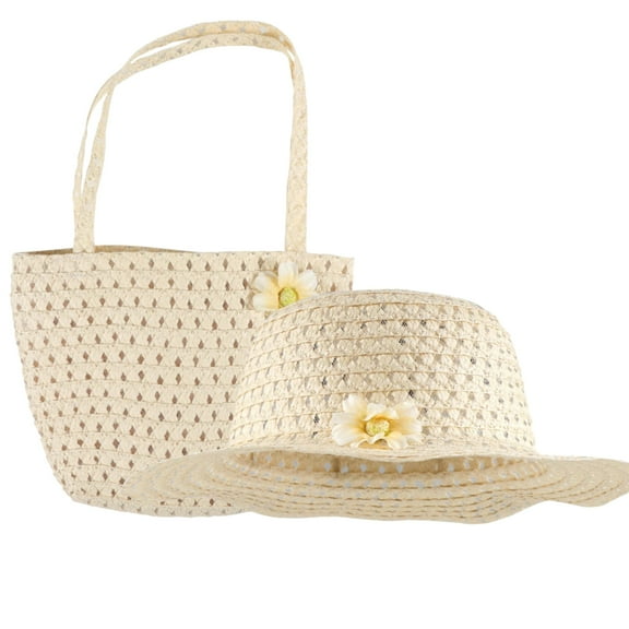 Girls Tea Party Hat and Hand Bag with Flowers Straw Paper Dress up Accessories Easter Spring Summer Costume Beach Travel Cap and Purse Birthday Party Supplies Set of 2 (Natural)