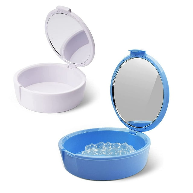 2 Pack Boîte de Retenue avec Miroir Conteneur de Retenue Boîte de Rangement pour Prothèses (Bleu Clair+blanc) - Bleu+blanc