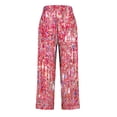 thumbnail image 4 of Linen Cropped Pants for Women Casual Wide Leg Plaid Capris with Pockets Elastic Waist Lounge Trousers Hot Pink, L, 4 of 5