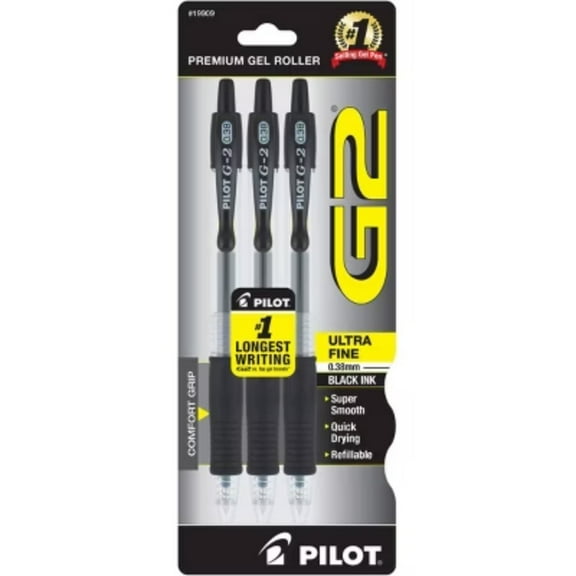 Pilot 3pk G2 Gel Pens Ultra Fine Point 0.38mm Black Ink