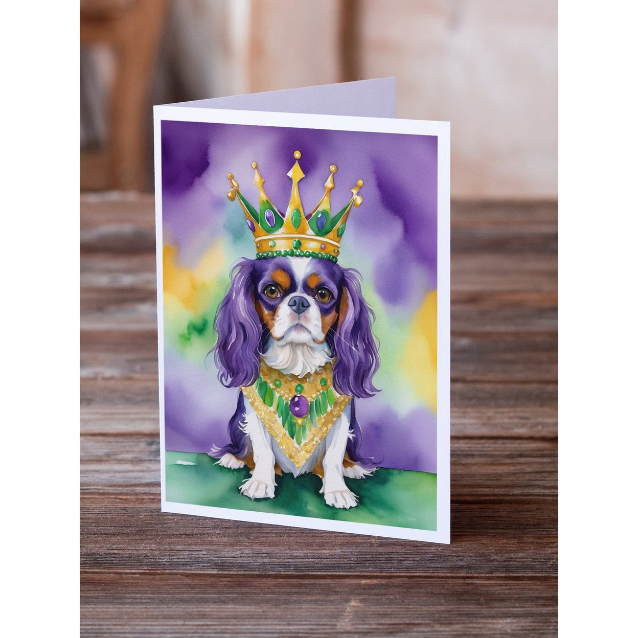 Cavalier Spaniel King of Mardi Gras Greeting Cards Pack of 8 7 in x 5 in