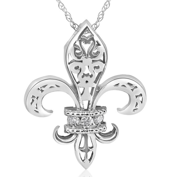 Pompeii 1/10ct Vintage Fleur De Lis Pendant 14K White Gold 1" Tall (G,I1)