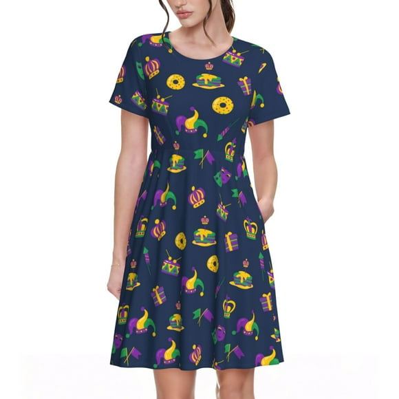 Fotbe Mardi Gras Carnival Vestido Largo de Moda para Mujer, Vestido Tipo Camiseta con Manga Corta y Estilo Casual a Rayas y Bloques de Color