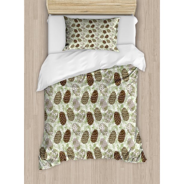 Pine Cone Duvet Cover Set Twin Size, Forest Conifers Greenland Foliage