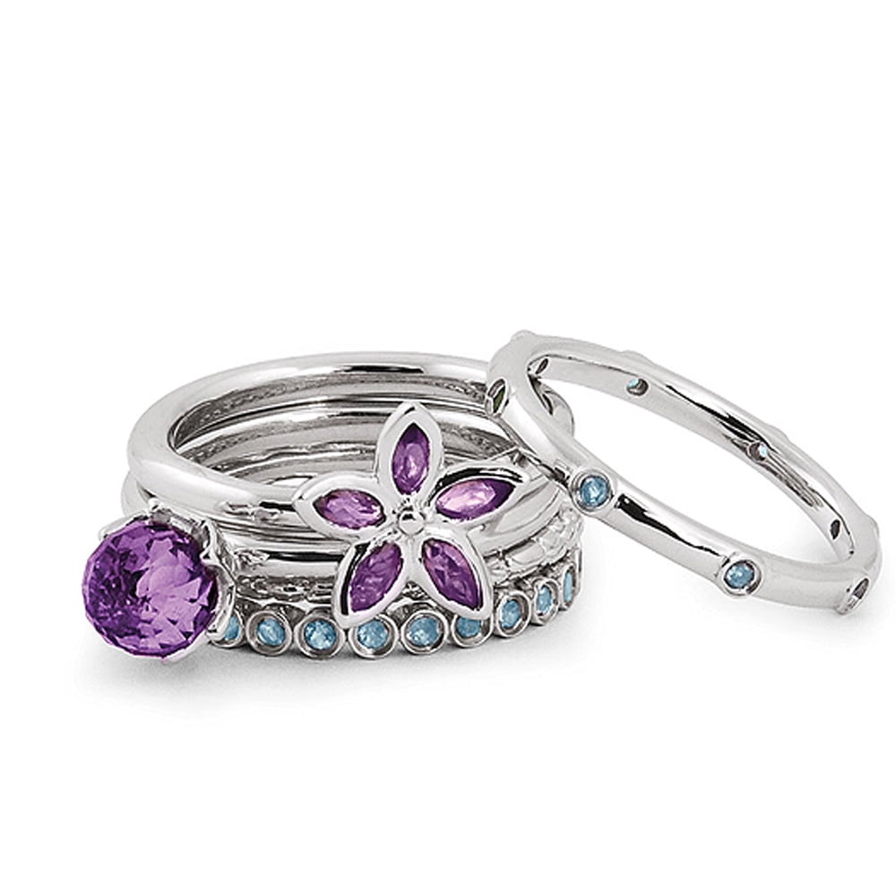 Sterling Silver Stackable Amethyst & Blue Topaz Flower Ring Set by Stackable Expressions