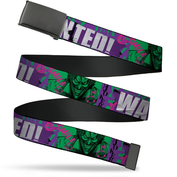 Adjustable Belt, Clamp Buckle, Cut-to-Fit, The Joker Wanted Smiling Pose and Graffiti Purples Greens