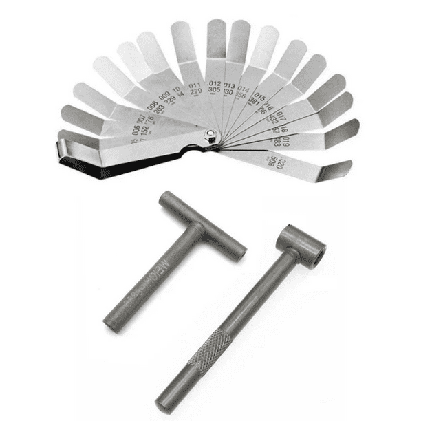 Herramienta T llave ajuste de punterias de motocicleta Vento, Yamaha, Honda, Italika, Bajaj mas set de galgas curvas milimetricas 0.005-0.020