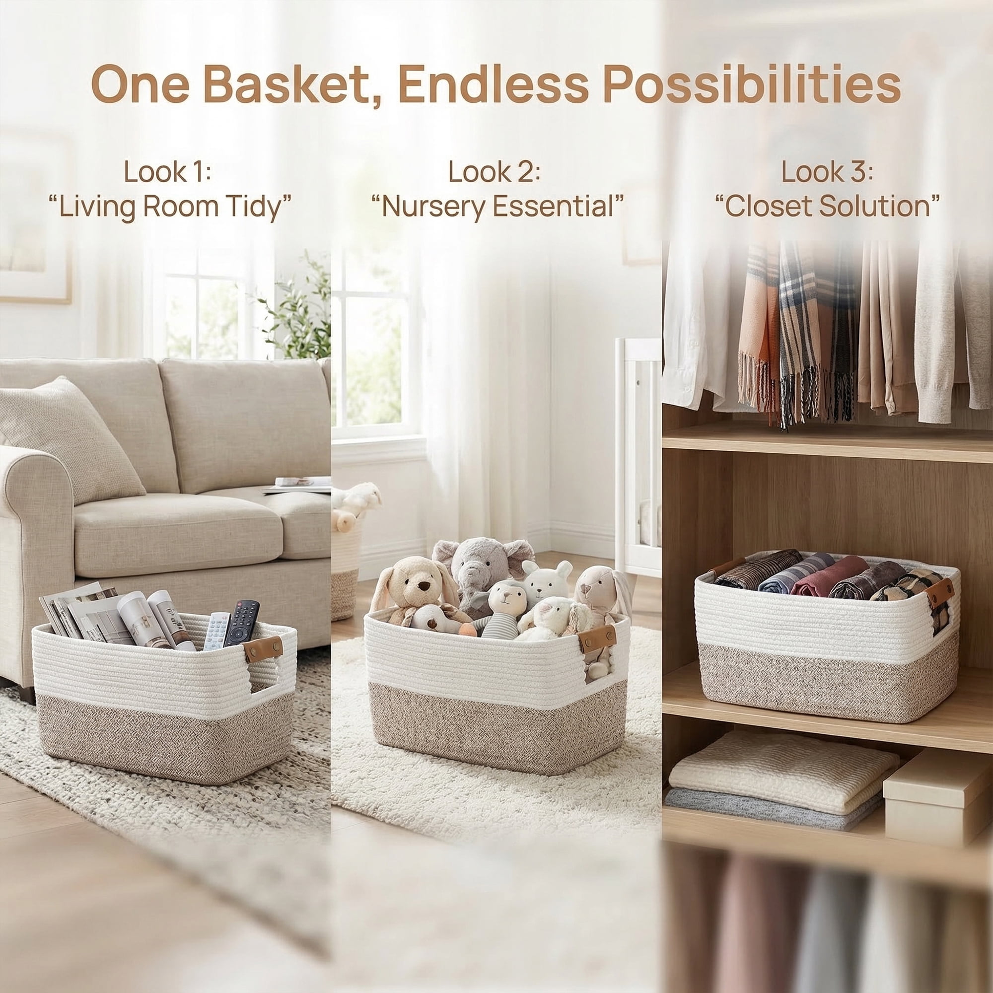 Unique Bargains Woven Large Shelf Closet Storage Bin White Coffee 18.9*11*9.1in