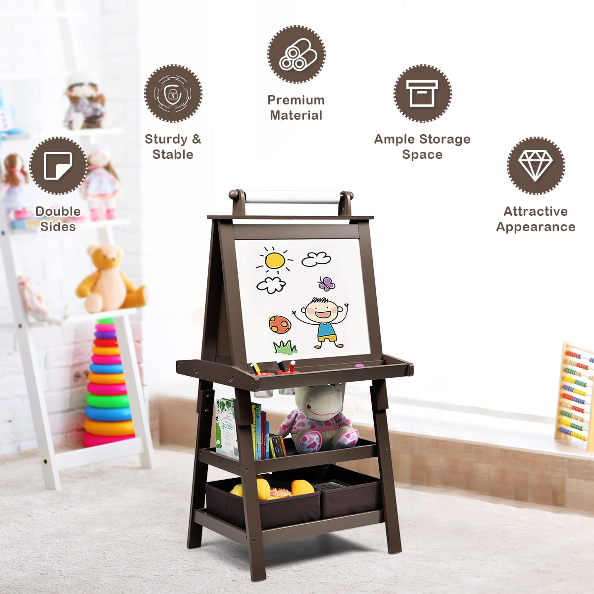 Infans 3 in 1 Double-Sided Storage Art Easel w/ Paint Cups for Toddlers Writing Coffee