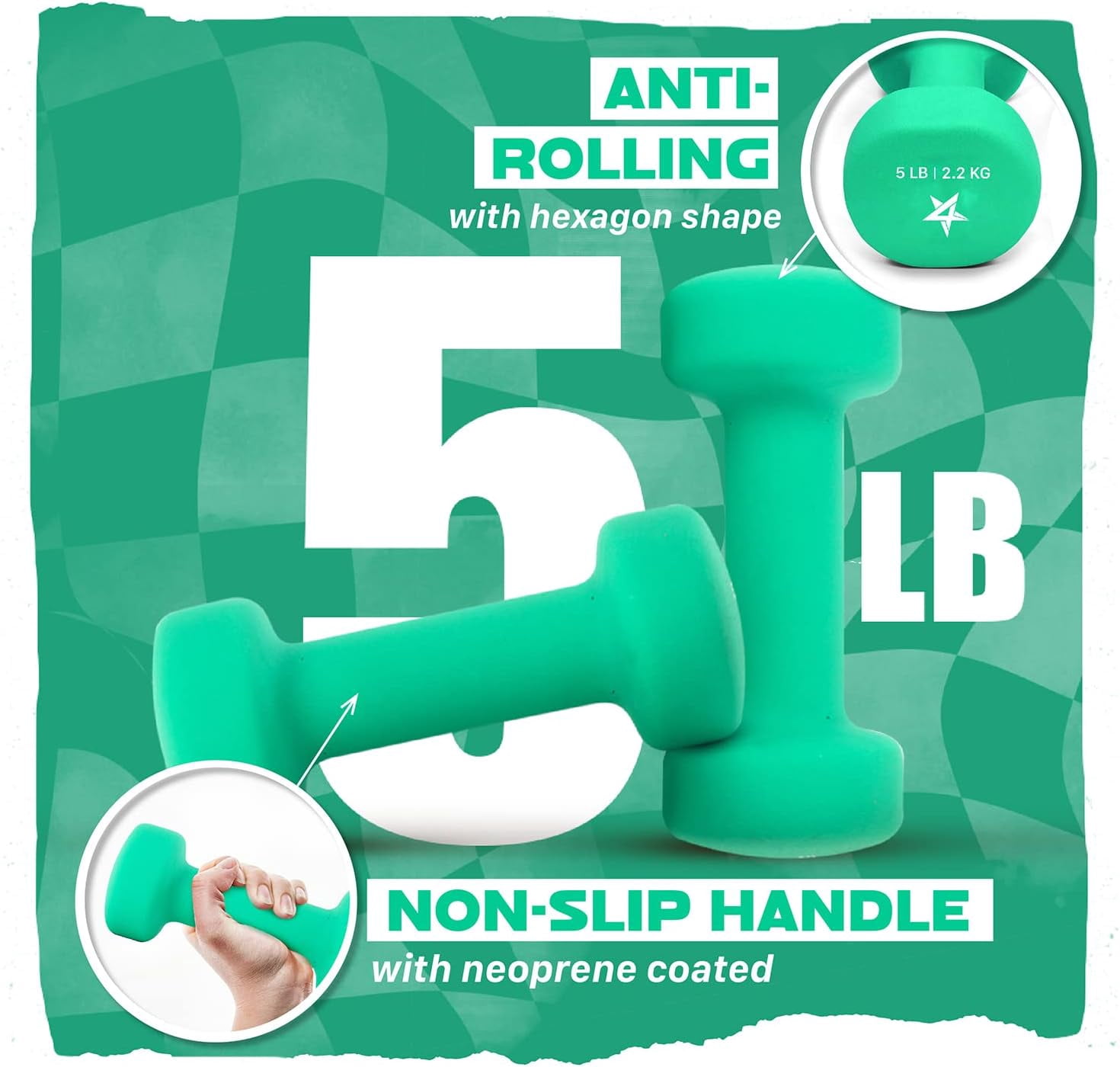 Neoprene Coated Dumbbell Hand Weight Sets of 2 - Multiple Weight Options with 15 Colors, Anti-roll, Anti-Slip, Hexagon Shape