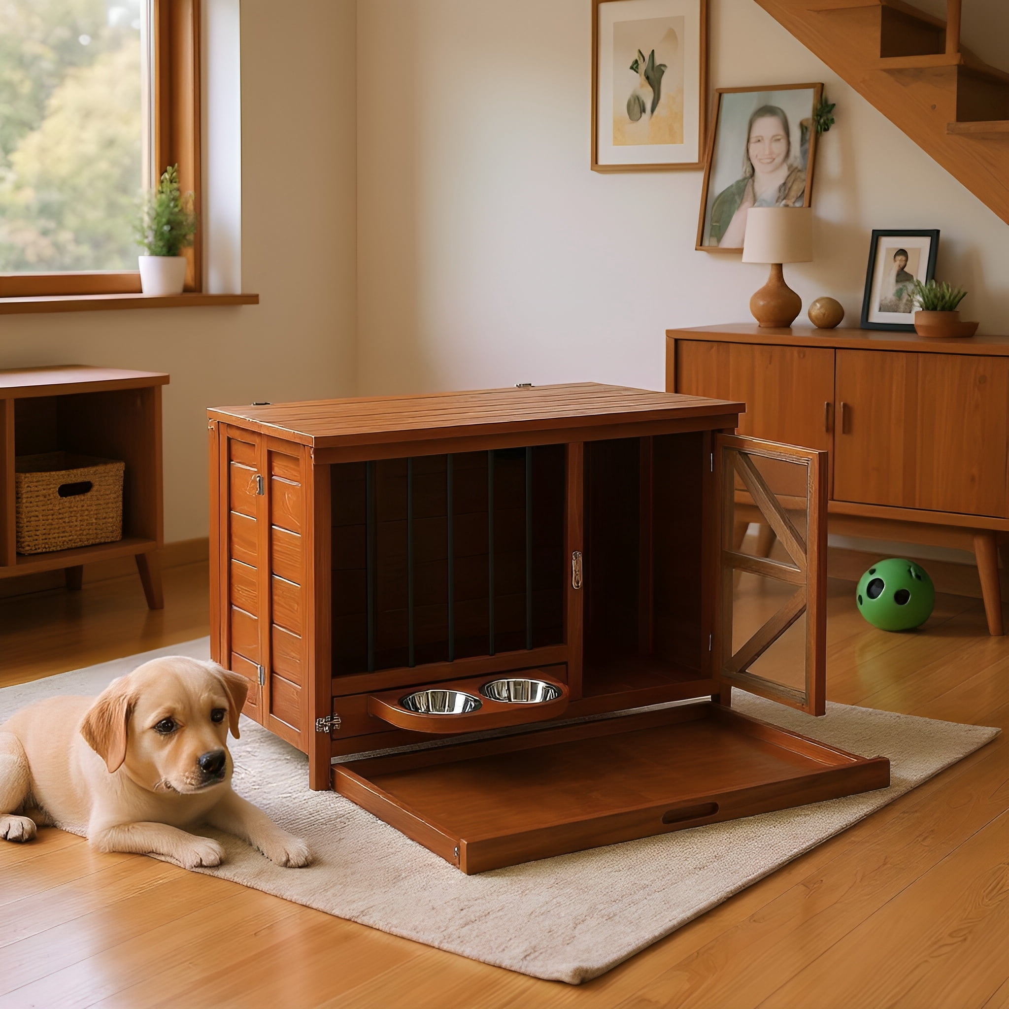 Euroco 33" Solid Wood Dog Crate Furniture, Foldable Indoor Kennel with 360° Rotating Feeder Multi-Functional End Table for Small & Medium Dogs, Portable Pet Cage with Removable Tray & Easy Assembly