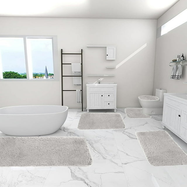 Fiudx Juego de Alfombrillas de Baño de Color Liso, Suave Terciopelo, Base Antideslizante, Secado Rápido, Absorbentes de Agua, Juego de 5 Piezas, Uso Universal, Diseño Moderno, Varios Tamaños.