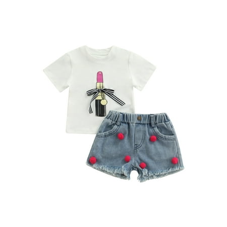 

aturustex Toddler Baby Girls Denim Outfit Lipstick Printed Tee Tops and Summer Jeans Shorts (White 1-6T)
