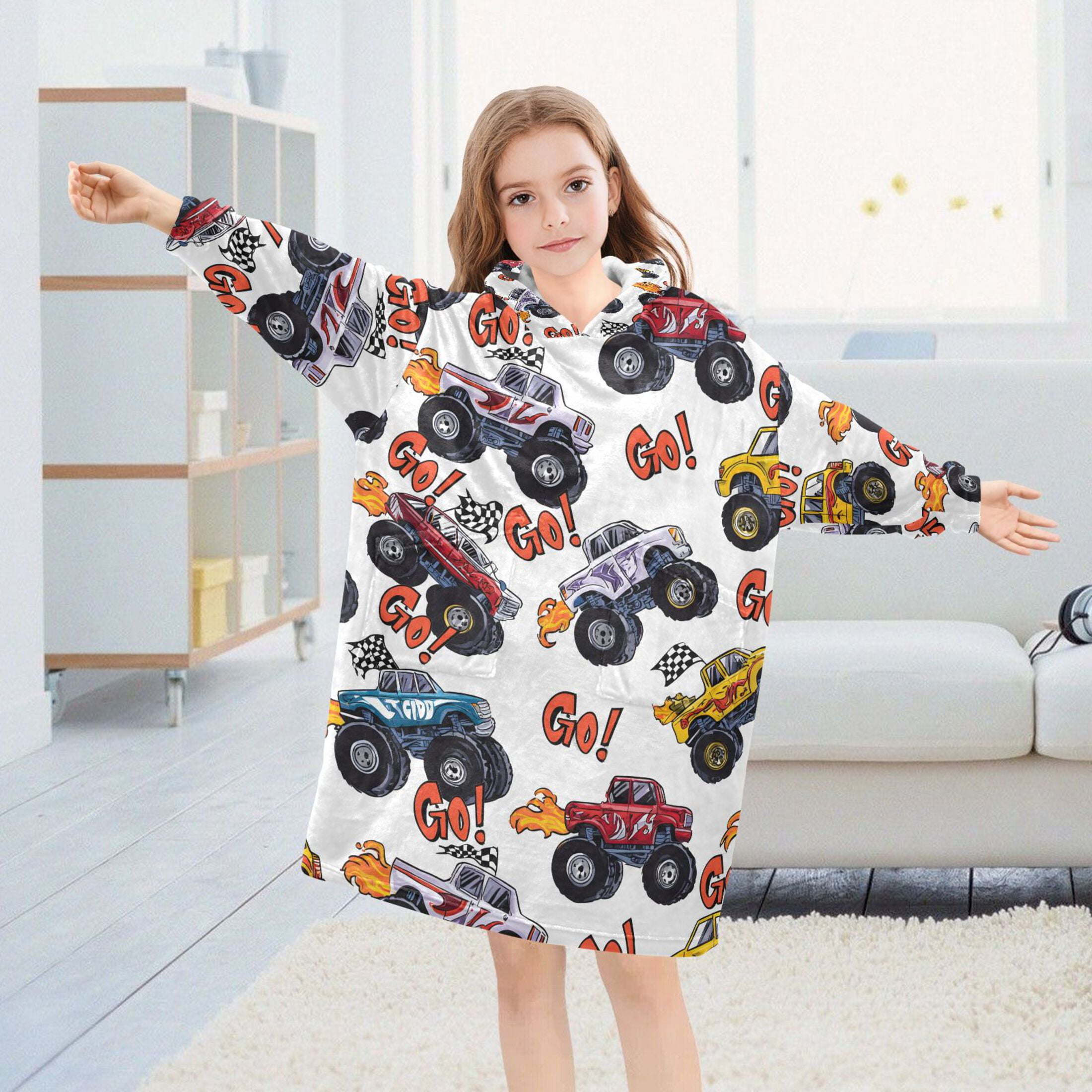 joogoo Wearable Blanket Hoodie Monster Trucks for Flannel Sherpa Pocket 3-14 YR S